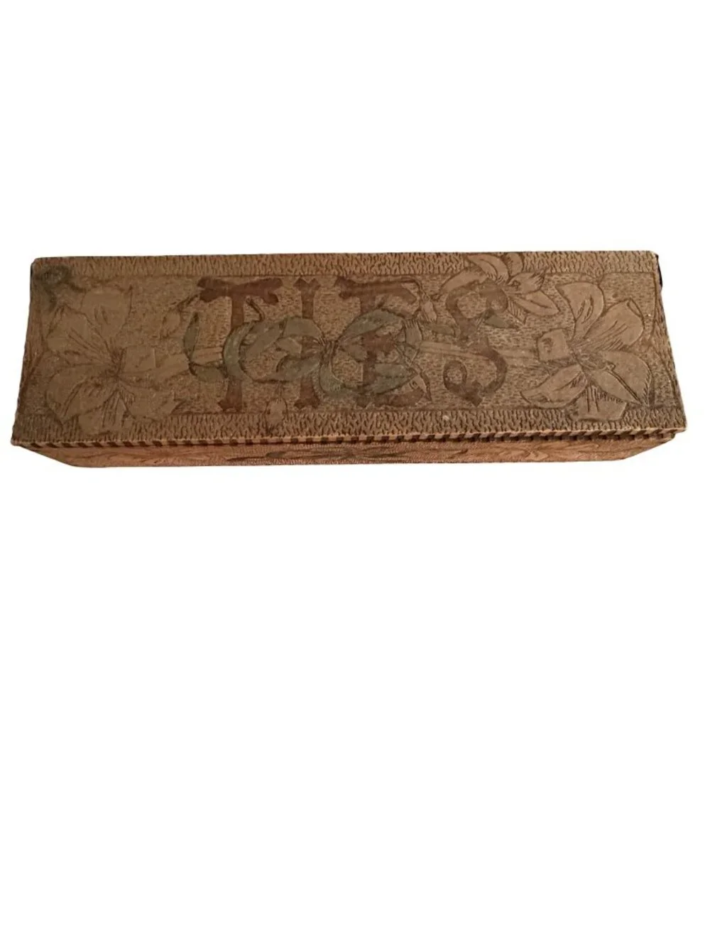 Antique c1900 Flemish Art Pyrography TIES Necktie Box Wood Burned Floral 11